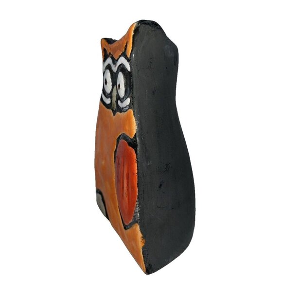 Vintage Handcrafted Black Clay Owl, Orange with Red Heart, Raku Pottery *Chips* - Picture 2 of 12